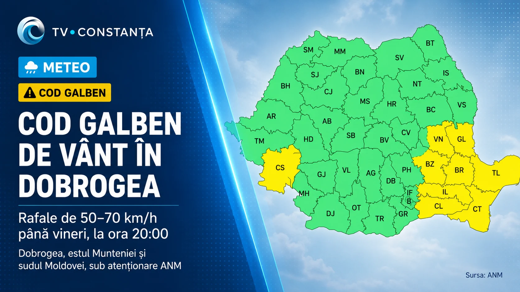 Cod galben de vânt în Dobrogea. Rafale de până la 70 km/h până vineri seară